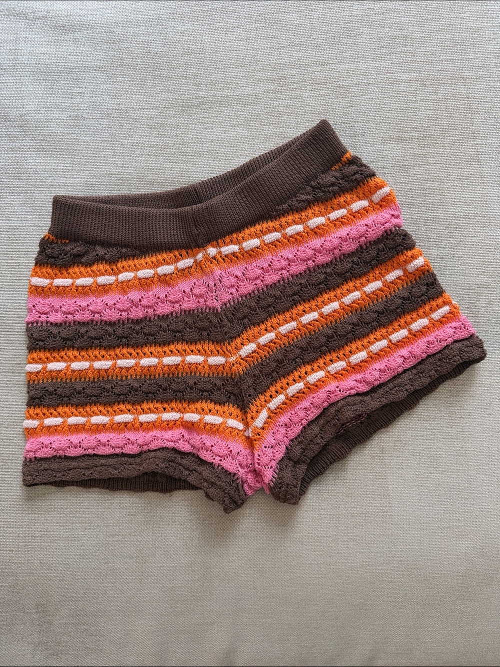 Zara Multicolored Jacquard Crochet Shorts High Waisted Brown Orange Pink M